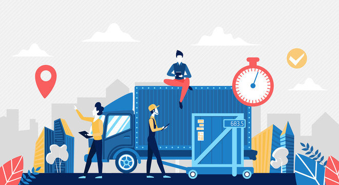 Warehouse wholesale logistic center vector illustration. Cartoon worker people in clearance process, load boxes to cargo courier truck in storehouse, work in distribution delivery service background