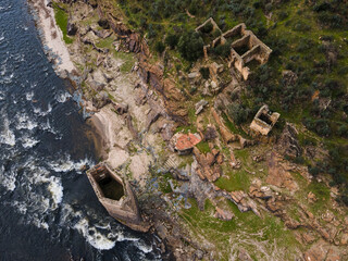 Bank of the Alagon river with ancient ruins. Extremadura. Spain.