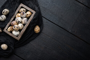 Obraz na płótnie Canvas Fresh quail eggs, flat lay, on black wooden background with space for text