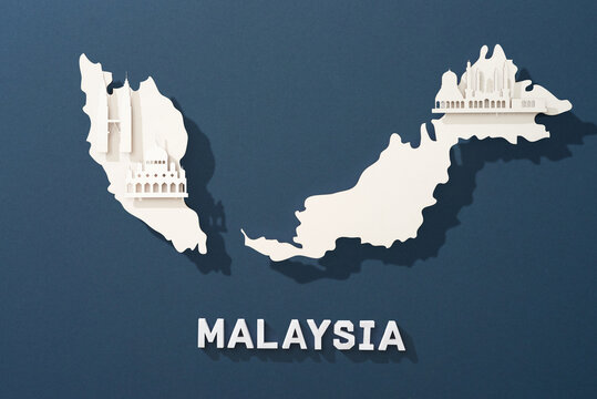 Malaysia map with famous landmarks in paper cut style