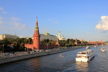 View of the Moscow river with ships and old buildings