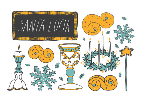 St Lucy Day celebration concept. Nordic Christmas tradition vector illustration. Saffron buns, candle crown, snowflake and hand drawn lettering in decorative frame. Perfect for cards and posters