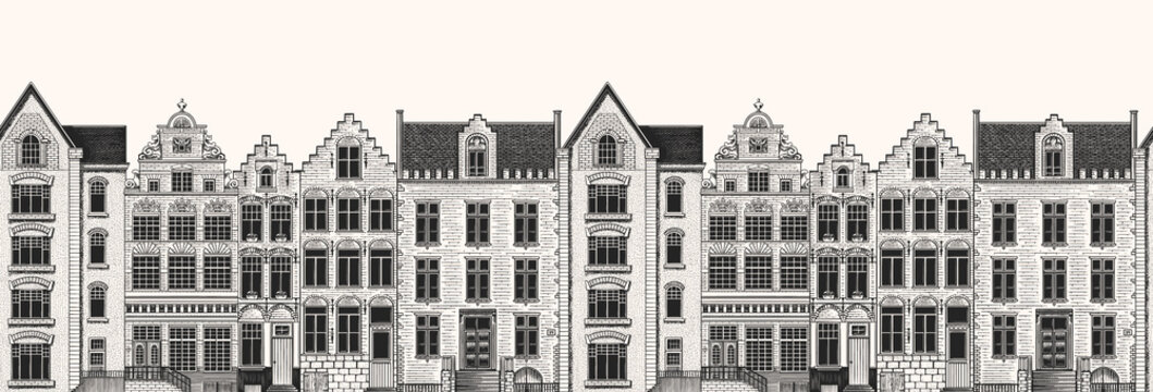 Amsterdam houses seamless pattern. Urban residential buildings. Scandinavian style. European city. Hand drawn monochrome doodle vector illustration 