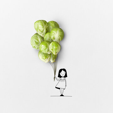 The sketch of girl with bunch of sprouts.