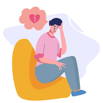 recommend clip art: Flat vector Cartoon Man With Broken Heart sitting on isolated background