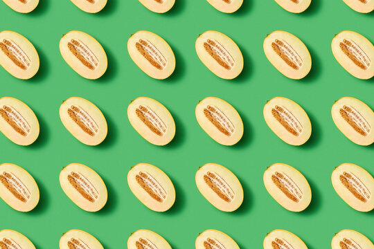 Refreshing melon halves fruit pattern with soft shadows.