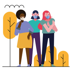 interracial young women wearing medical masks