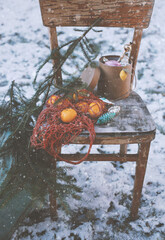 Dog and Christmas toys on a chair.