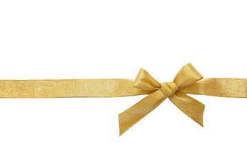 Golden satin bow and ribbon isolated cutout on white background