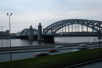 Naklejka premium Emperor Peter the Great bridge on the Neva river in Saint Petersburg.