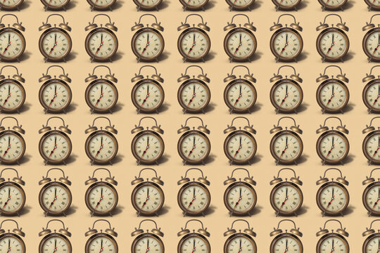 Geometric old bronze alarm clocks pattern with soft shadows.