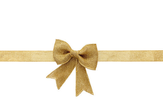 Golden satin bow and ribbon isolated cutout on white background