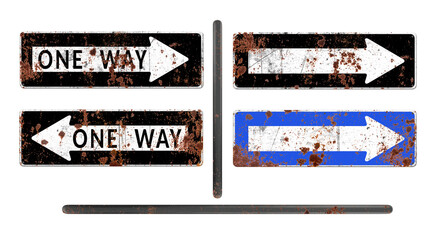 One Way road signs with rust / scratches / dirty and empty, isolated.