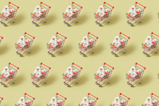Fresh natural flowers in a shopping carts pattern.