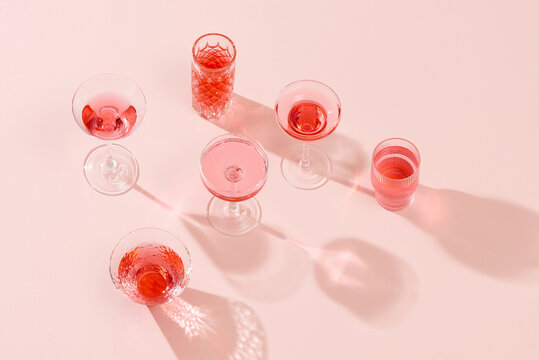 Many glasses of red wine at wine tasting.