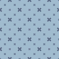 Vector minimalist floral texture. Geometric seamless pattern with small flower silhouettes, crosses. Vector abstract background. Simple blue ornament. Elegant repeat design for wallpapers, fabric