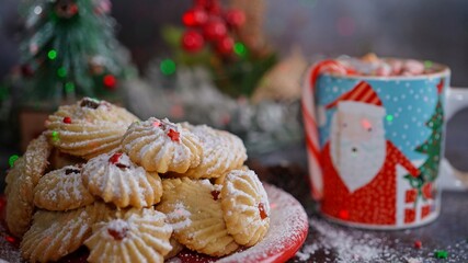 Homemade Melting Moments Christmas holiday cookies on festive background, selective focus