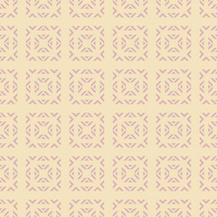 Vector geometric ornamental seamless pattern. Ethnic tribal style ornament. Abstract texture with squares, triangles, rhombuses. Folk style repeated geometrical background. Soft pink and yellow color