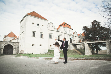 Beautiful romantic wedding couple of newlyweds hugging near old castle