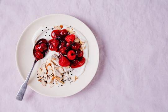 Yogurt with Cherry Compote Horizontal Shot