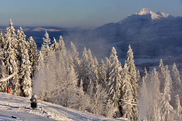 Naśnieżanie stoków narciarskich, armatki śnieżne, Tatry zima zaspy, duże opady śniegu - obrazy, fototapety, plakaty