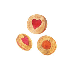 Set of tasty valentine cookies with jam or caramel. Hand drawn watercolor illustration.