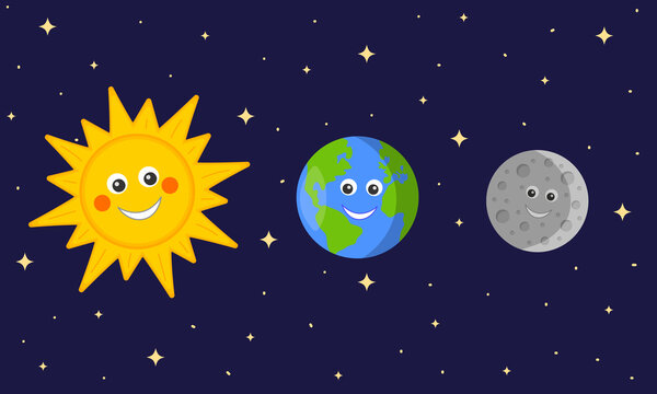 Cute Sun, Earth and Moon characters on dark space starry background. Funny astronomy for kids. Vector cartoon illustration for educational science lessons in kindergartens and schools.