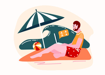 Cartoon man sit on beach with notebook distance work outdoors vector Illustration. Freelance worker internet job. Vector modern flat illustration.