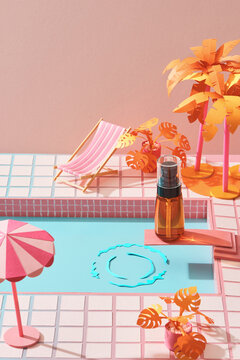 Hello summer. Sunscreen near swimming pool with inflatable ring preserver and jump.