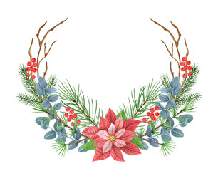 Christmas wreath with poinsettia, greenery, spruce, pine tree twig and holly berries. New Year design wreath.