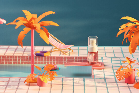 Lotion bottle in miniature swimming pool, paper craft style