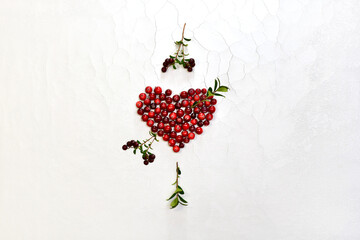 The heart of berries of cranberries is pierced with an arrow from a sprig of burgundy lingonberry.