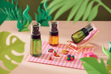 Sunscreen product lying on paper art beach with tropical leaves