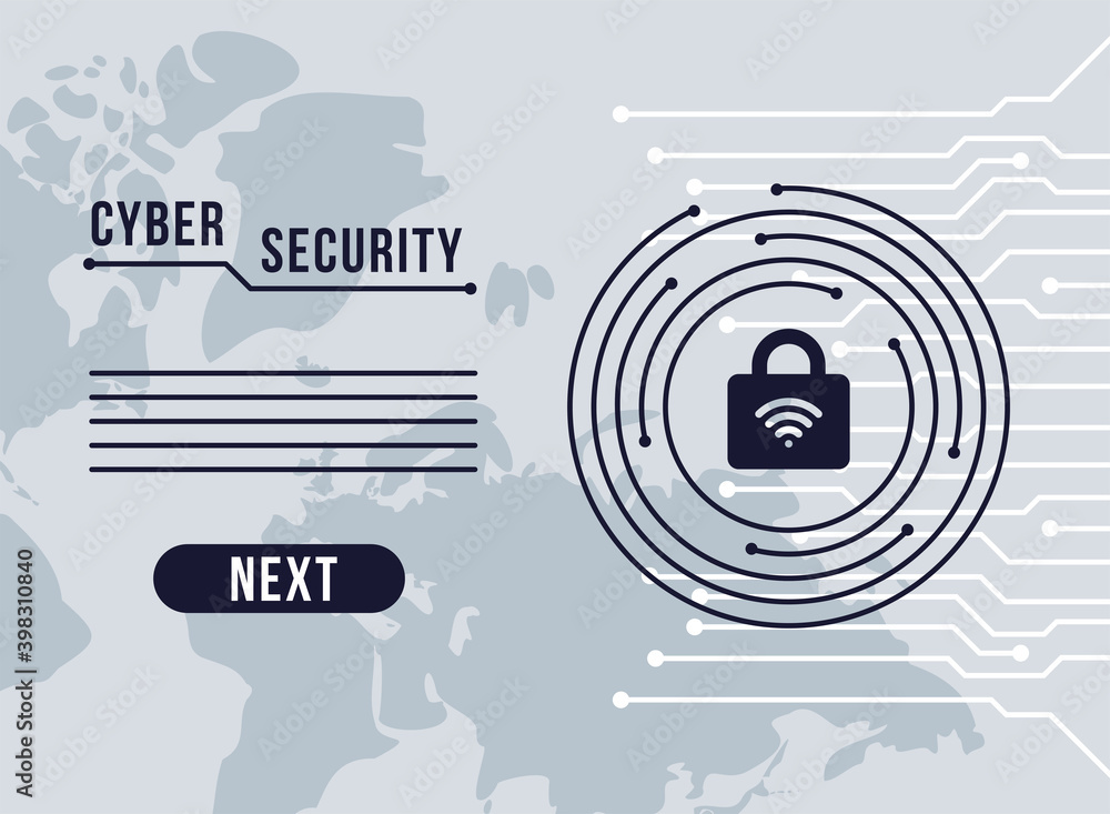 Poster cyber security infographic with padlock and wifi signal in circuit