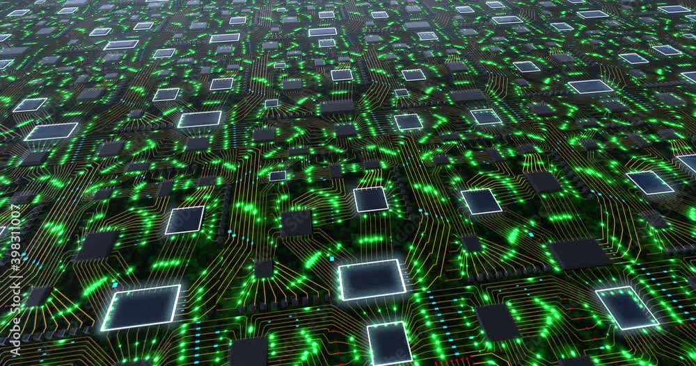 Aufkleber flight over 3d printed circuit board with pulsating green lights of digital components