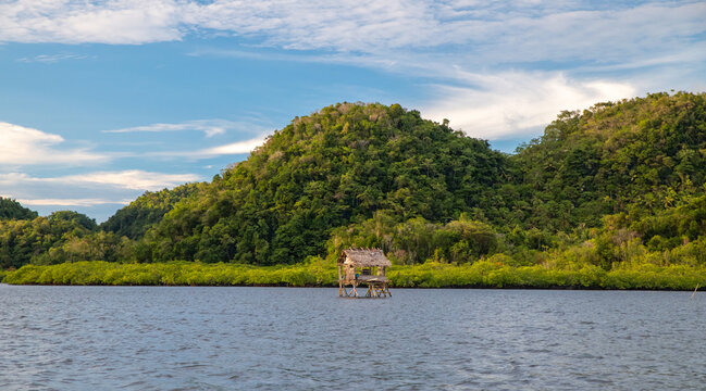 Wooden hut on the water on Siargao Island, Philippines.