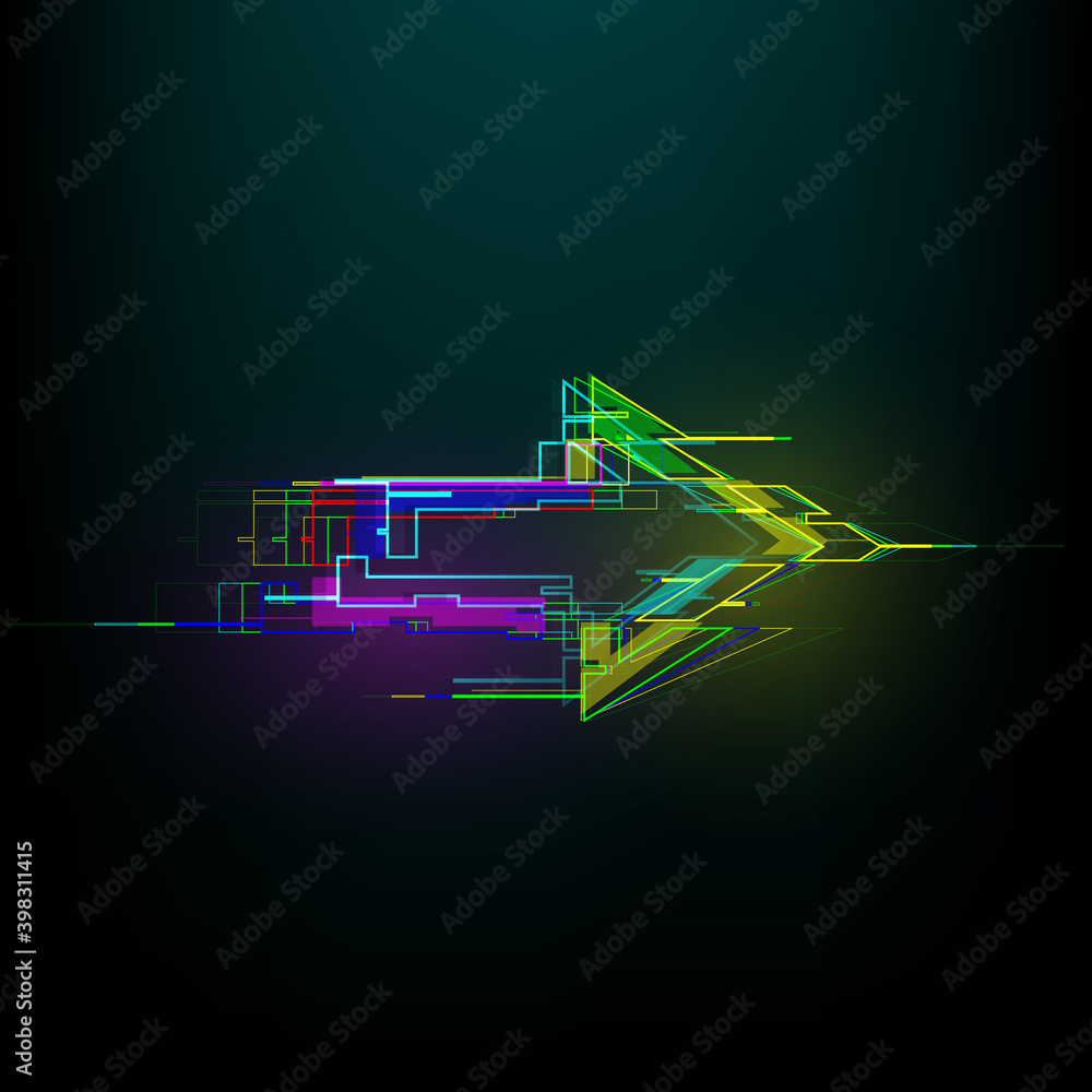 Poster futuristic glitch right arrow in cyberpunk style. modern glowing direction pointer with distortion e