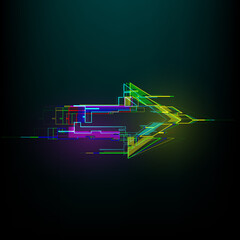 Futuristic glitch right arrow in cyberpunk style. Modern glowing direction pointer with distortion effect. Good for design promo electronic music events, games, banners, web. Vector illustration