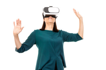 Young woman in virtual reality (VR) glasses. Isolated on white background