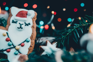 Gingerbread llama cookie on green spruce with ginger bread stars, wodden grey hearts and fairy lights, composition on black and colorful bokeh background, cute sweet christmas mix  with copy space