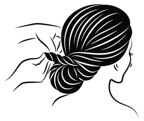 Silhouette profile of the head of a lovely lady. The girl braids her long hair in braids with her hands. Vector illustration.