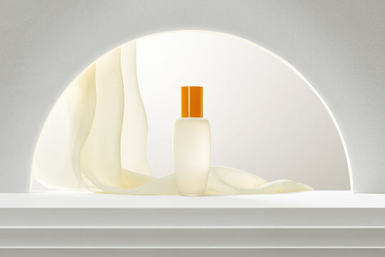 Luxury cosmetic bottle spray and cream on white shelf and bright background