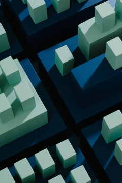 Conceptual representation of a city or financial district in blue tones