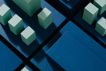 Conceptual representation of a city or financial district in blue tones