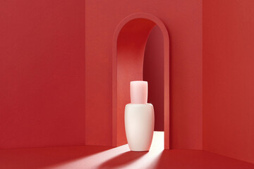 Luxury cream container on red background.