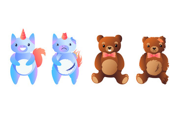 The most popular soft toys unicorn and teddy bear for children on a white background. Torn shabby toys. Fabric patches, toy repair.