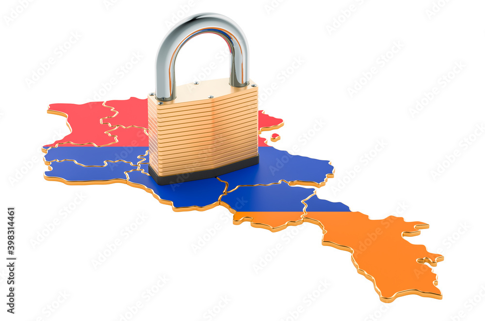 Poster lockdown in armenia. padlock with map, border protection concept. 3d rendering