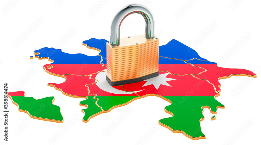 Poster lockdown in azerbaijan. padlock with map, border protection concept. 3d rendering
