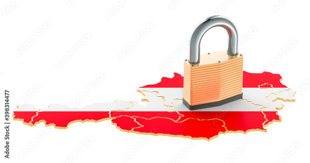 Poster lockdown in austria. padlock with map, border protection concept. 3d rendering