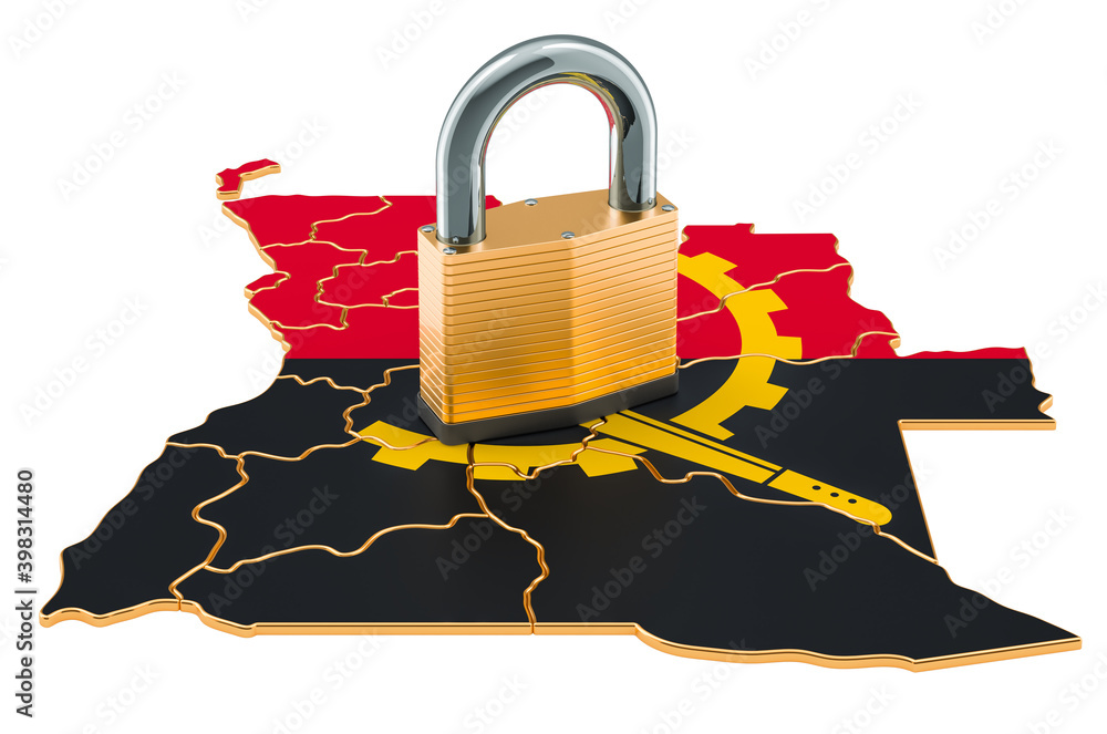 Poster lockdown in angola. padlock with map, border protection concept. 3d rendering